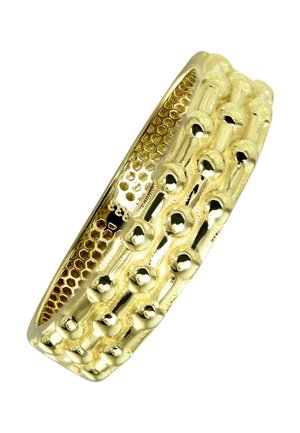 Bracelet en or avec motif alvéolé texturé et perles arrondies. Finition lisse avec des détails complexes le long du bandeau.