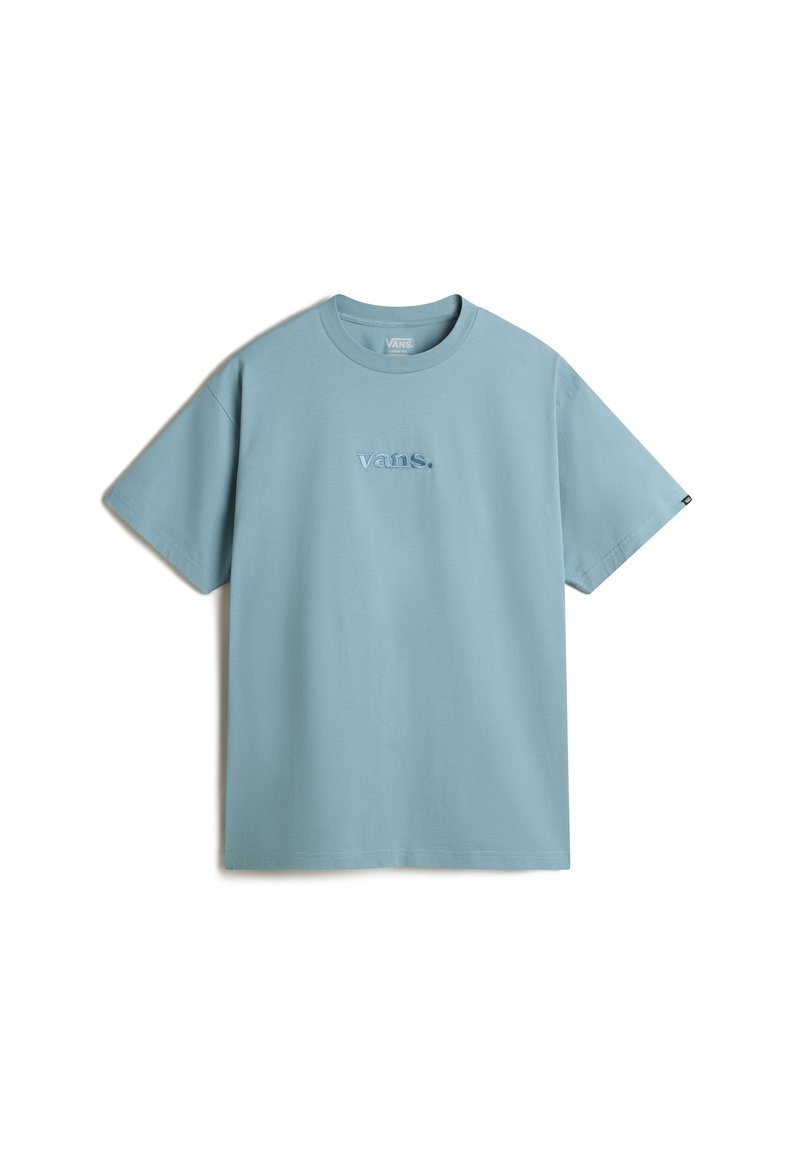 Light blue short-sleeve t-shirt made of cotton with a crew neck, featuring embroidered "vans." logo on the chest. Smooth texture.