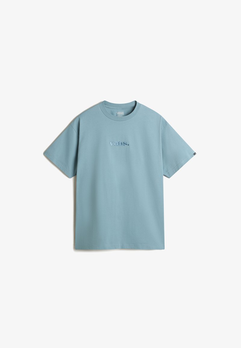 Světle modré tričko s krátkým rukávem vyrobené z bavlny a s kulatým výstřihem, na hrudi s vyšívaným logem "vans.". Hladká textura.