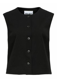 Blusa sin mangas negra con un escote redondo, cierre de botones en la parte delantera y dos bolsillos laterales. Fabricada con una tela suave con una textura sutil.