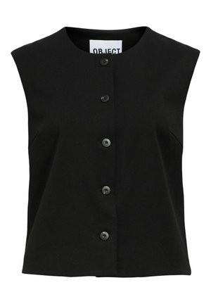 Blouse sans manches noire avec un col rond, fermeture à boutons sur le devant et deux poches latérales. Fabriquée en tissu lisse avec une texture subtile.