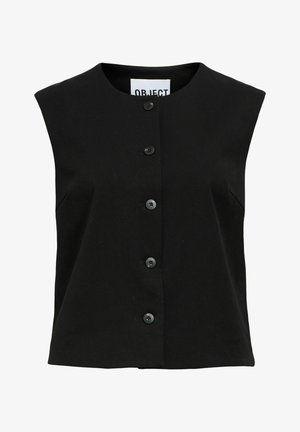 Black sleeveless blouse with a round neckline, front button closure, and two side pockets. Made of a smooth fabric with a subtle texture.