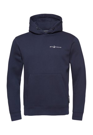 Marinblå hætte sweatshirt med frontlomme og hvid "Sail Racing" logo på brystet, med snore i hætten.