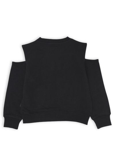 Felpa nera con spalle scoperte e maniche lunghe. Realizzata in tessuto morbido con colletto e polsini a costine. Design semplice.