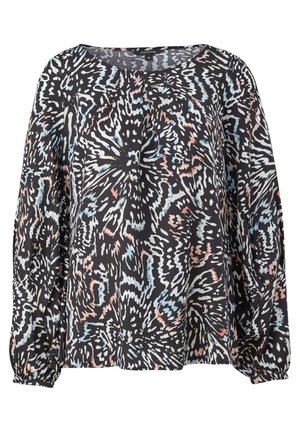 Zwarte blouse met lange mouwen en een ronde hals, met abstracte multicolor patronen in wit, blauw en perziktinten.