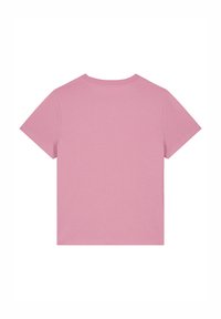 Korte mouw roze t-shirt met een ronde hals, eenvoudig ontwerp en een gladde stoffen structuur, zonder zichtbare graphics of versieringen.