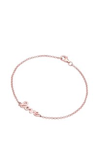 Armband aus Roségold mit einer Kette und einem geschwungenen "love"-Anhänger. Verfügt über einen Karabinerverschluss für sicheren Halt. Glatte Oberfläche, zartes Design.