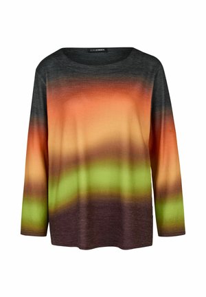 Langarmshirt mit rundem Ausschnitt und horizontalen Farbverlaufsstreifen in Dunkelgrau, Orange, Gelb, Grün und Braun.