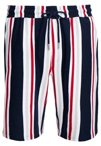 Shorts pour hommes en rayures verticales bleu marine, blanc et rouge. Fabriqués en coton doux, avec une taille élastique et un cordon de serrage pour un ajustement.