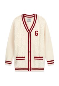 Cardigan crème avec un design en maille torsadée, bordure rayée rouge, poches à l'avant et logo sur le côté gauche de la poitrine. Coupe régulière, fermeture par boutons.