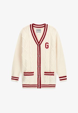 Cremefarbener Cardigan mit Zopfmuster, rotem Streifendetail, vorderen Taschen und einem Logo auf der linken Brustseite. Reguläre Passform, Knopfverschluss.