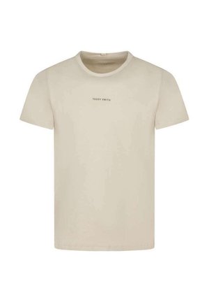 T-shirt beige à manches courtes et col rond avec "TEDDY SMITH" imprimé en petites lettres au centre de la poitrine.