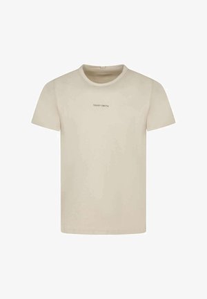 T-shirt beige à manches courtes et col rond avec "TEDDY SMITH" imprimé en petites lettres au centre de la poitrine.