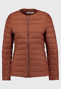 Brown, quilted puffer jacket with a round neckline and zipper front. Features gathered side seams and long sleeves. Smooth, lightweight fabric.