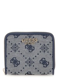 Navy-blue patterned wallet with a textured fabric, featuring a gold logo label and a zip closure, showcasing diamond and circular motifs.