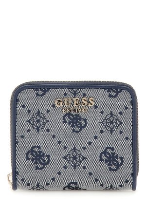 Navy-blue patterned wallet with a textured fabric, featuring a gold logo label and a zip closure, showcasing diamond and circular motifs.