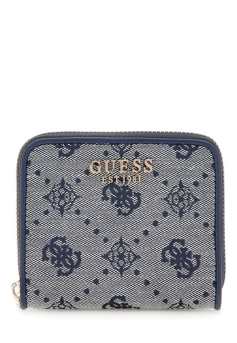 Navy-blue patterned wallet with a textured fabric, featuring a gold logo label and a zip closure, showcasing diamond and circular motifs.