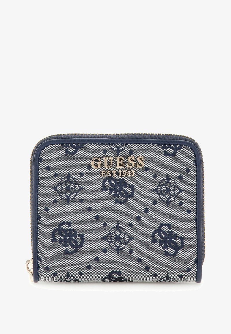 Navy-blue patterned wallet with a textured fabric, featuring a gold logo label and a zip closure, showcasing diamond and circular motifs.