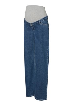 Blå denim graviditetsjeans med elastisk gråt taljebånd og en afslappet, lige benpasform.