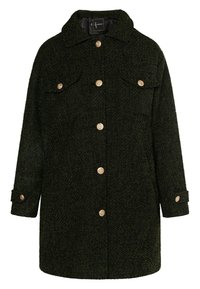 Cappotto texturizzato verde scuro con colletto, due tasche frontali e chiusura con bottoni dorati. Presenta polsini arrotolati per una vestibilità regolabile.