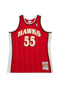 Red basketball jersey featuring "HAWKS" and the number "55" in yellow, with white and black accents; mesh material for breathability.