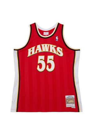 Rotes Basketball-Trikot mit "HAWKS" und der Nummer "55" in Gelb, ergänzt durch weiße und schwarze Akzente; Mesh-Material für Atmungsaktivität.