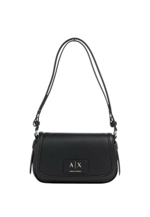 Borsa a spalla nera in pelle Armani Exchange a forma rettangolare con doppia tracolla regolabile, targhetta con il logo "A|X Armani Exchange" sul davanti.