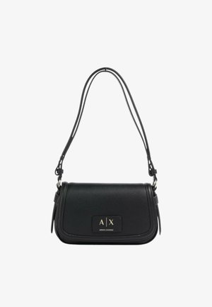 Borsa a spalla nera in pelle Armani Exchange a forma rettangolare con doppia tracolla regolabile, targhetta con il logo "A|X Armani Exchange" sul davanti.