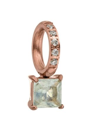 Rose gold pendant with a loop set with small round diamonds, holding a large square-cut pale gemstone in a prong setting.