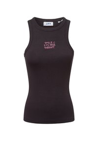 Black ribbed tank top with a round neckline and sleeveless design. Features pink text "SMILE :) IT'S FREE THERAPY" on the front.