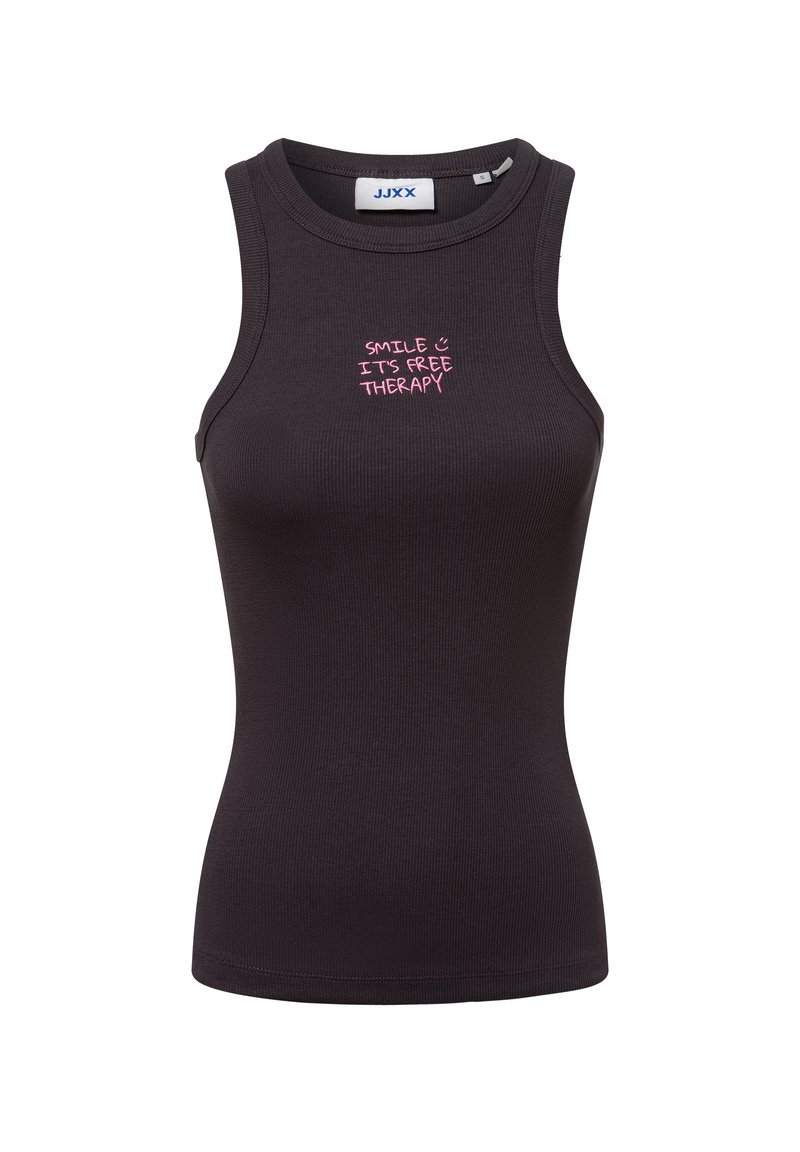 Black ribbed tank top with a round neckline and sleeveless design. Features pink text "SMILE :) IT'S FREE THERAPY" on the front.