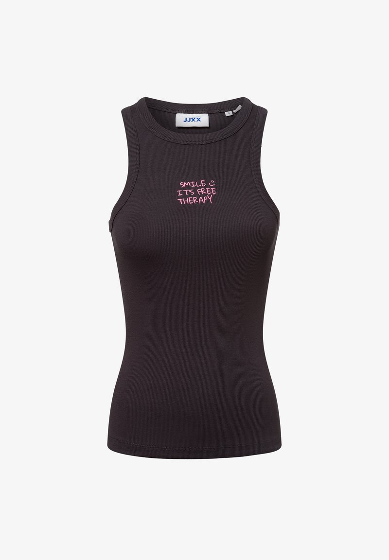 Black ribbed tank top with a round neckline and sleeveless design. Features pink text "SMILE :) IT'S FREE THERAPY" on the front.
