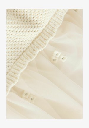 Robe de couleur crème avec un corsage tricoté et une jupe en tulle transparent à plusieurs couches, ornée d'accents floraux embellis et d'une ourlet à volants.