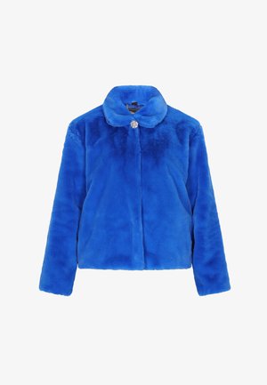 Faux fur jacket in bright blue, featuring a collar, front closure, and a decorative brooch accent at the neck. Soft texture, short sleeves.