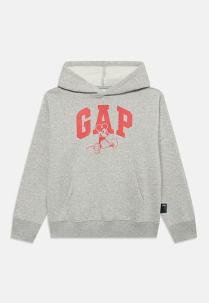 Grauer Hoodie mit rotem "GAP"-Text und einem sitzenden Cartoon-Mause-Charakter auf der Vorderseite, ausgestattet mit einer Fronttasche und langen Ärmeln.