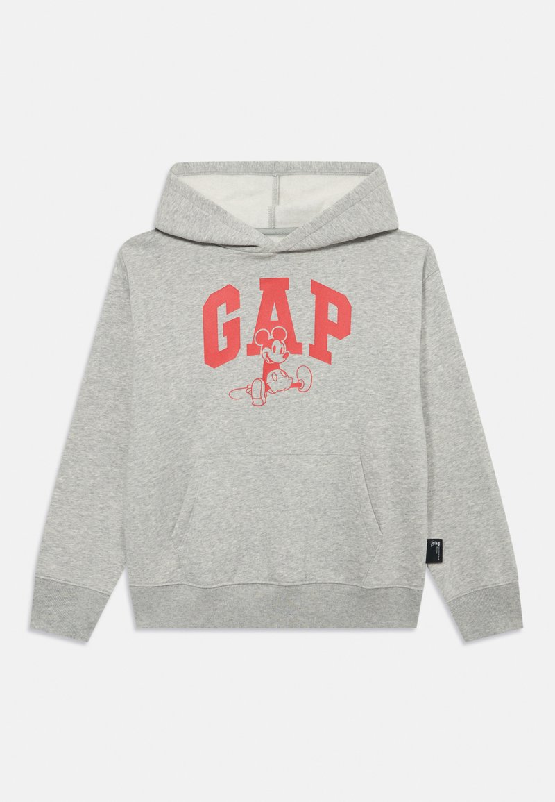 Grå hettegenser med rødt "GAP"-tekst og en sittende tegneserie-mus karakter på forsiden, med en frontlomme og lange ermer.