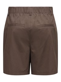 Short marron avec taille élastique, deux poches fendues à l’arrière, coupe droite et passants pour ceinture.