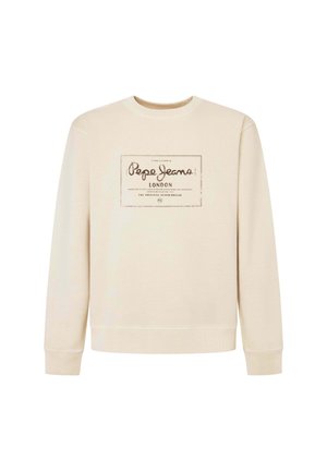 Felpa color crema con scollo rotondo, maniche lunghe e una grafica frontale con "Pepe Jeans London" in stampa scura. Tessuto morbido.