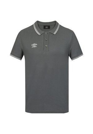 Polo gris foncé à manches courtes avec liseré blanc sur le col et les manches, trois boutons et logo Umbro blanc sur la poitrine gauche.