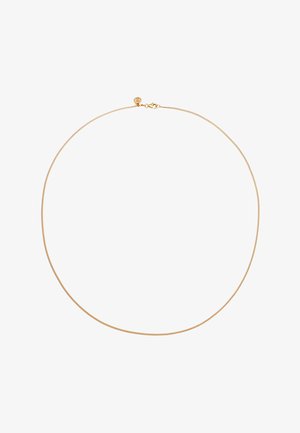 Kulta-sävyinen metalliketjun kaulakoru, jossa on sileä ja litteä muotoilu. Korussa on turvallinen hummerilukko ja säädettävä pituus, joka mahdollistaa mukautettavan istuvuuden.