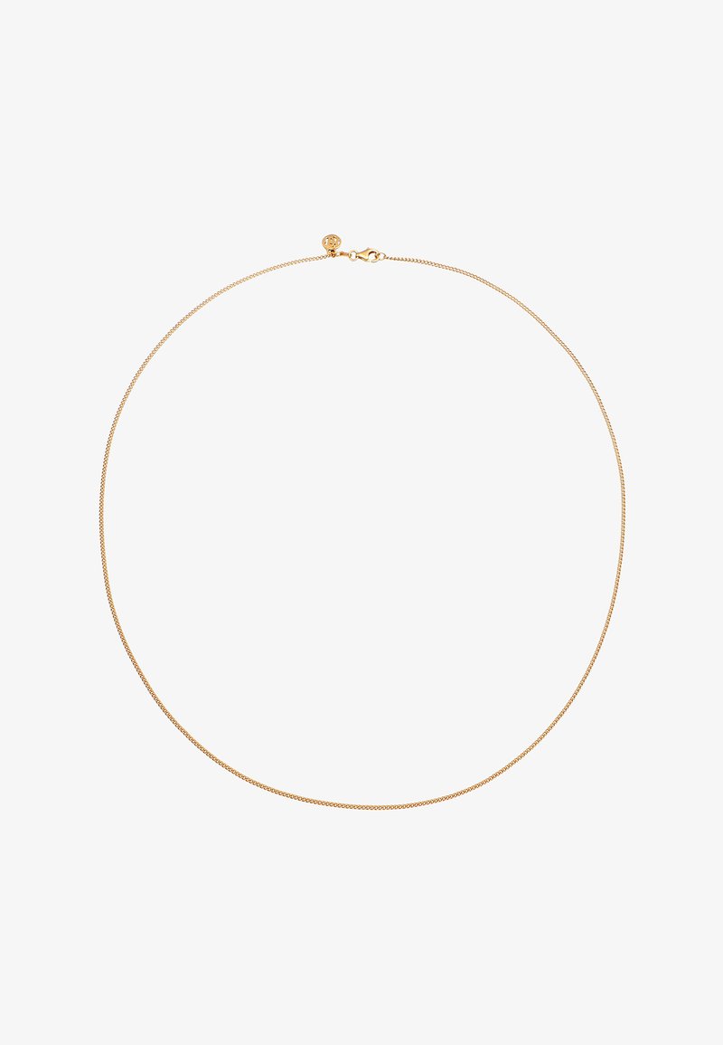 Kuldse tooni metallist kett, millel on sile ja lame disain, varustatud turvalise homaariklambriga ja reguleeritava pikkusega isikupärase sobivuse jaoks.