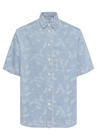 Camicetta azzurro chiaro a maniche corte con motivo floreale bianco, chiusura con bottoni sul davanti e una tasca sul petto. Realizzata in materiale simile al denim.