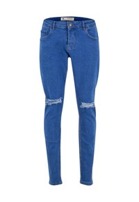 Modré džíny skinny s roztržením na kolenou, středním pasem, tradičním pětipocketovým designem a měděným zapínáním na knoflík.