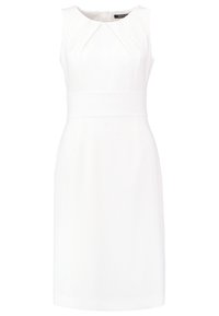 Ärmelloses weißes Kleid mit gefälteltem Ausschnitt, definiertem Taillenbereich und gerader Silhouette. Glattes Material mit einem sauberen, minimalistischen Design.