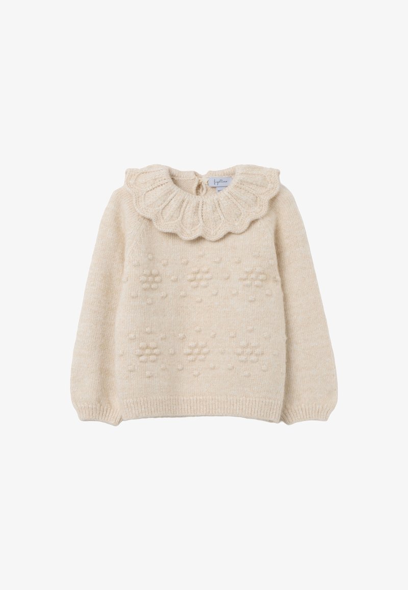 Pull en maille de couleur crème avec un col à volants et des motifs en relief de boules sur le devant et les manches longues.