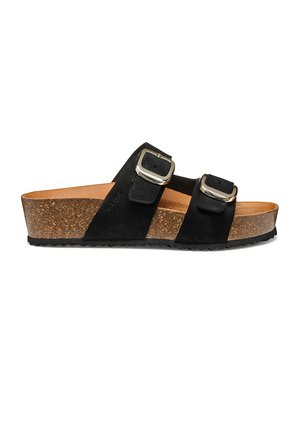 Black suede wedge sandal with cork sole, two adjustable silver buckled straps, and black ridged rubber outsole.
