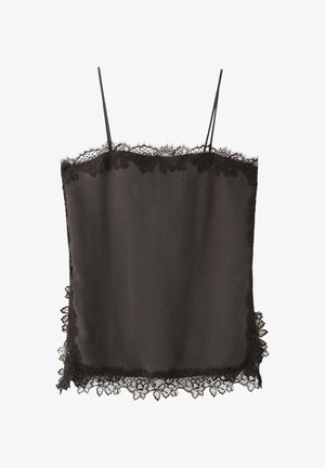 Camiseta de seda negra con tirantes finos y ribete de encaje floral con borde festoneado a lo largo del escote, los laterales y el dobladillo.