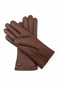 Brown leather gloves with a smooth texture, comprising five fingers, featuring a gathered wrist and a small metallic accent.