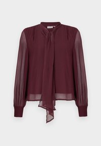 Blusa in chiffon bordeaux con maniche lunghe e trasparenti, dettaglio del collo annodato e accentuazioni plissettate sulle spalle. Vestibilità comoda, texture semitrasparente.