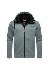 Grau zip-up Hoodie mit schwarzem Innenfutter, gerippter Textur, verstellbarem Kordelzugkapuze und zwei Fronttaschen. Logo auf der Brust.